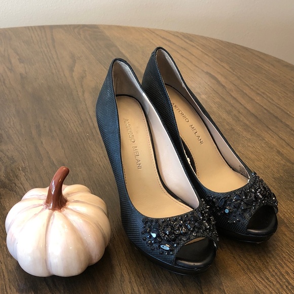 ANTONIO MELANI Shoes - ANTONIO MELANI Black Embellished Peep-Toe Heels